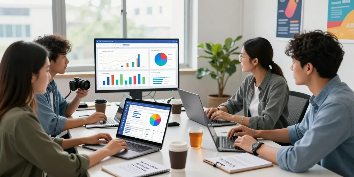 Team strategizing effective fb ad agency accounts in a dynamic office setting with vibrant discussions and technology.