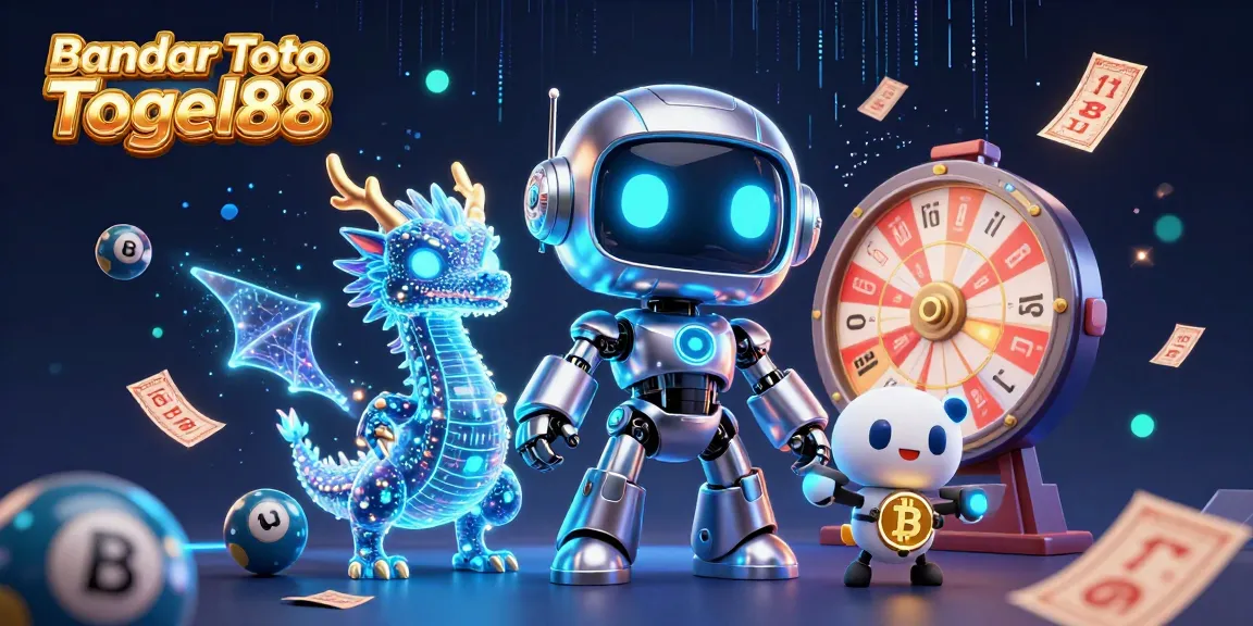 Engage with Bandar Toto Togel88 through an interactive lottery scene featuring a dynamic 3D robot and vibrant elements.