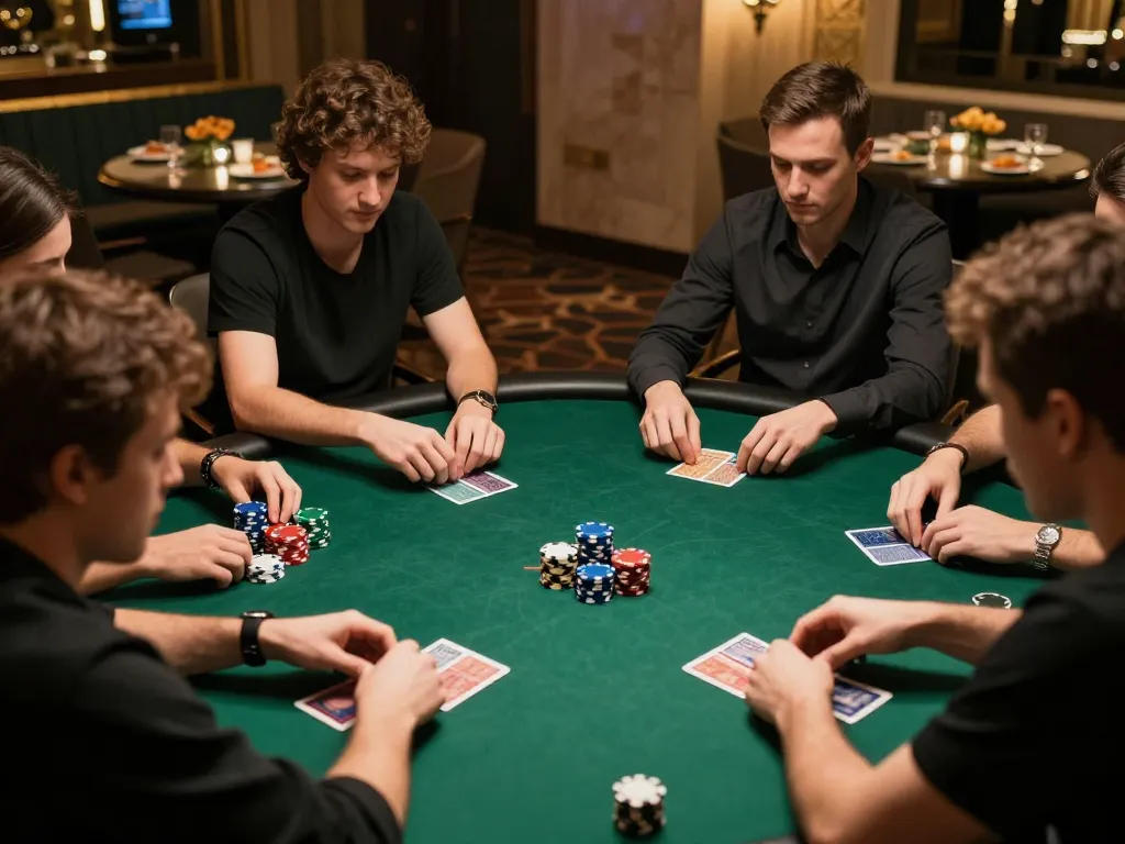 Players strategizing in an elite poker game setting highlighting lv88seo for engaged gambling.