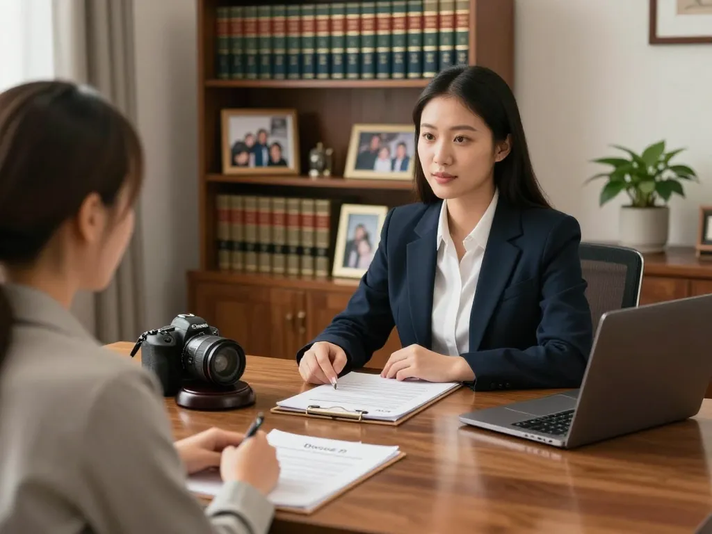 Maryland divorce lawyer discussing case details with a client in a warm, inviting office.
