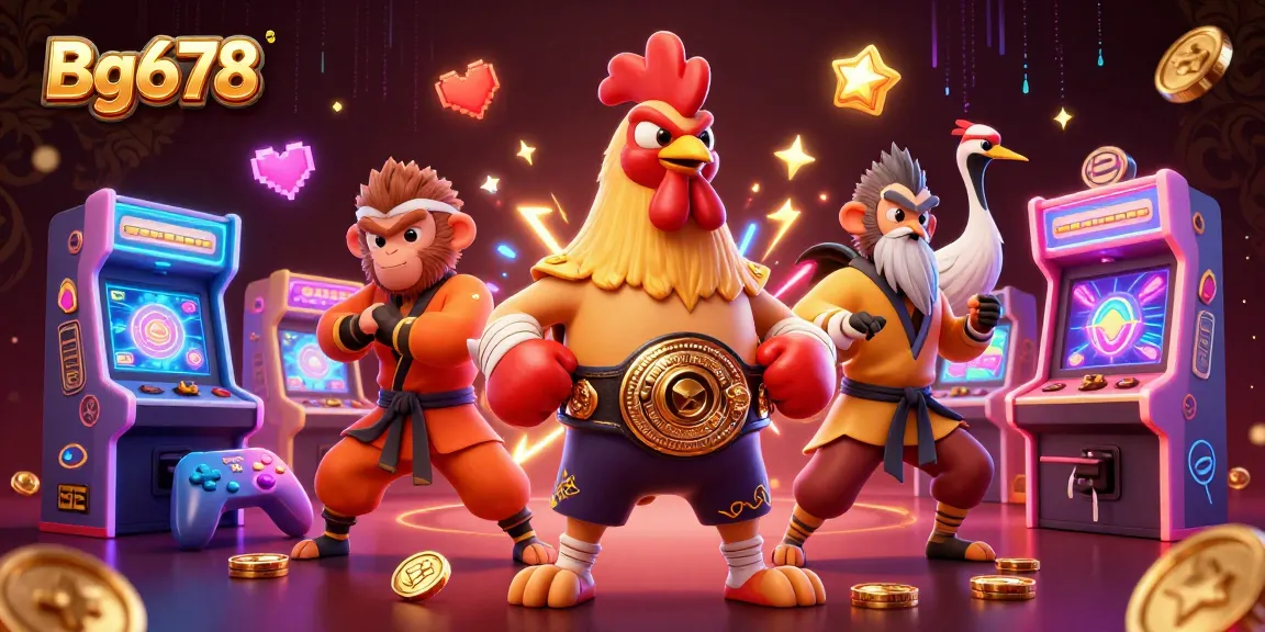 Experience the excitement of Bg678 with a festive gaming scene featuring a rooster, monkey, and crane.