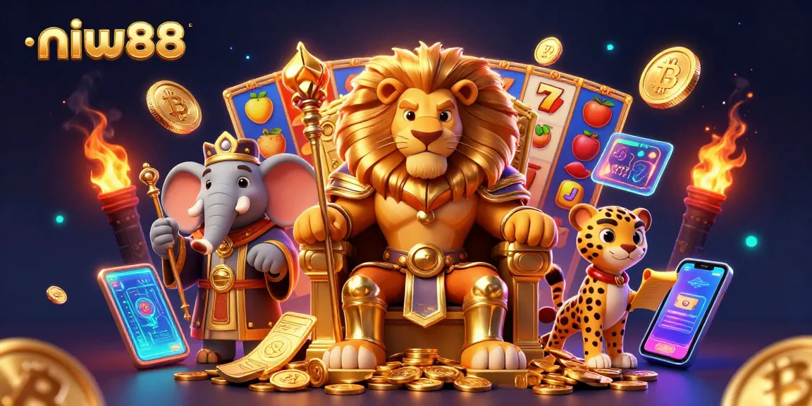 Play with niw88 at a vibrant online casino showcasing slot reels and popular game elements.
