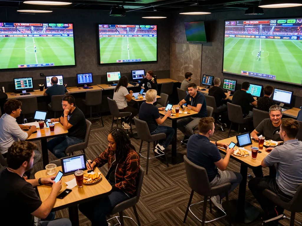 Bongdallu sports betting enthusiasts analyzing odds and placing bets in an electrifying lounge setting