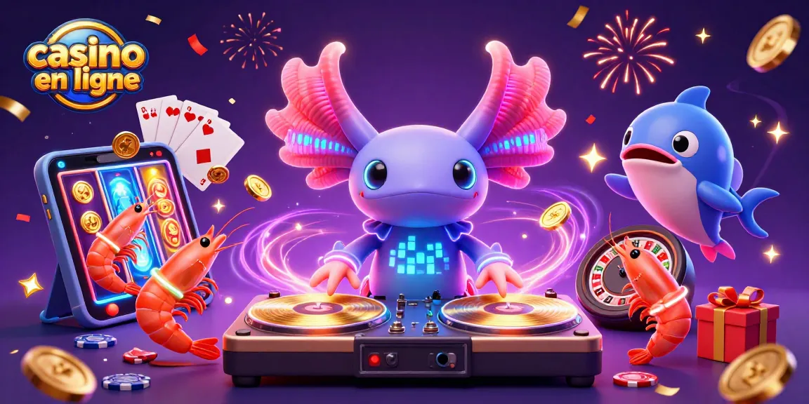 Casino en ligne : un DJ axolotl animé avec des éléments festifs et un smartphone de jeu