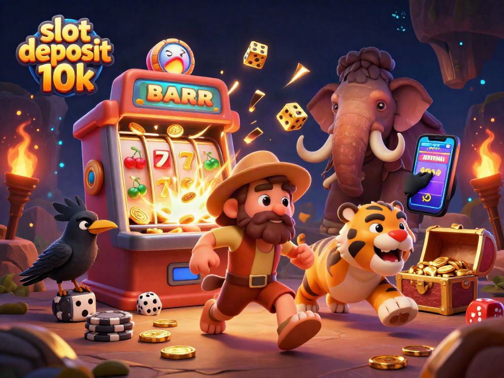 Experience the thrill of slot deposit 10k with a vibrant prehistoric casino illustration showcasing 3D characters.
