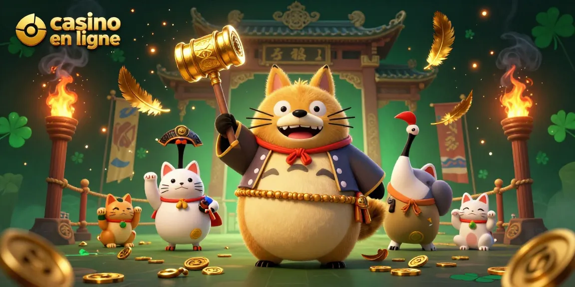 Des jeux captivants de casino en ligne illustrés avec un tanuki et des chats maneki-neko.