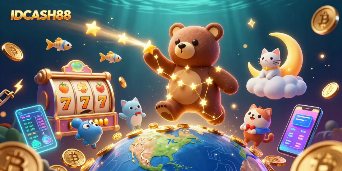 Engage with IDCASH88's vibrant slot world, where a constellation bear scoops coins in a lively 3D scene.
