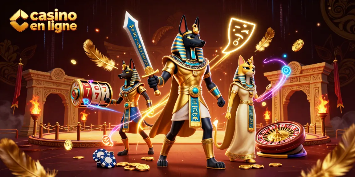 Jouez au casino en ligne avec un guerrier Anubis et des éléments variés, symbolisant la chance.
