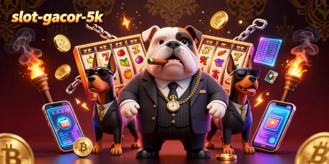 Explore slot-gacor-5k featuring a cartoon mafia boss and Doberman guards amidst vibrant slot symbols and crypto coins.