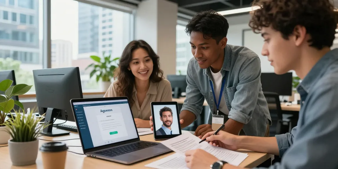 Age verification system demonstration in a dynamic office teamwork setting.
