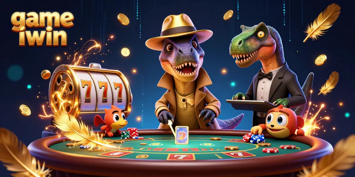Engage with game iwin through a vibrant 3D casino scene featuring dinosaurs amidst thrilling gaming action.