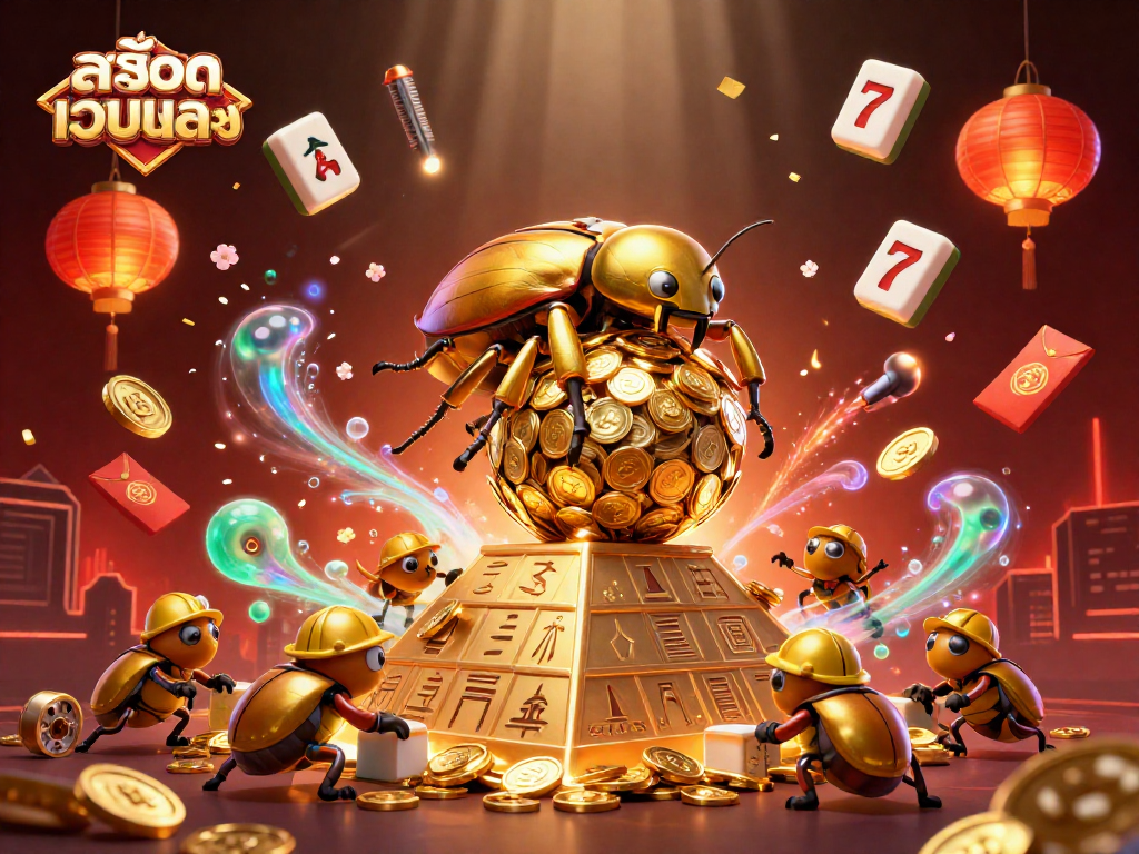 Engage in สล็อตเว็บตรง with a vibrant 3D casino-themed scene featuring dynamic golden beetles and symbols.