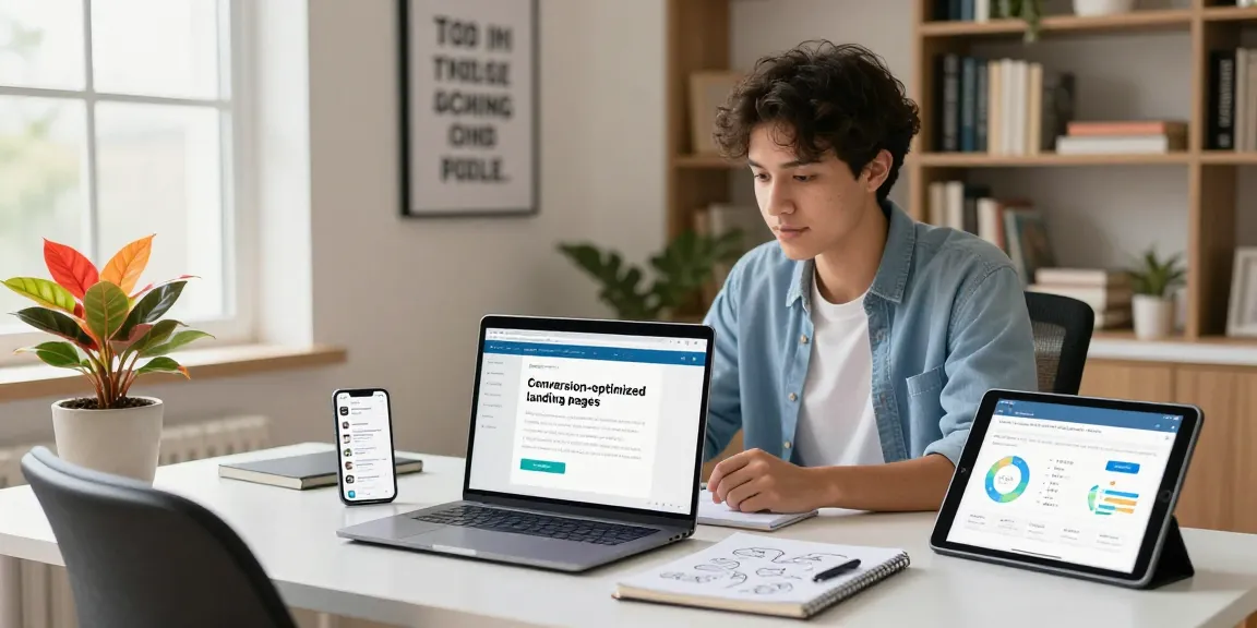 Learn about conversion-optimized landing pages in a cozy home office setup with modern tools and a vibrant atmosphere.