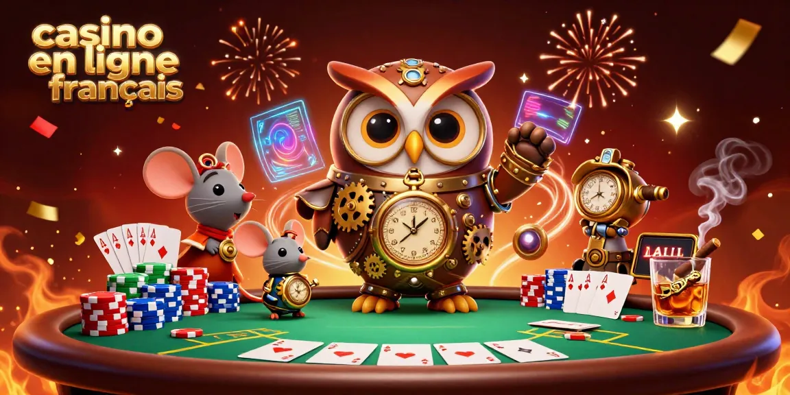 Illustration dynamique d'un casino en ligne français avec un hibou joueur au poker, des jetons colorés et des feux d'artifice.