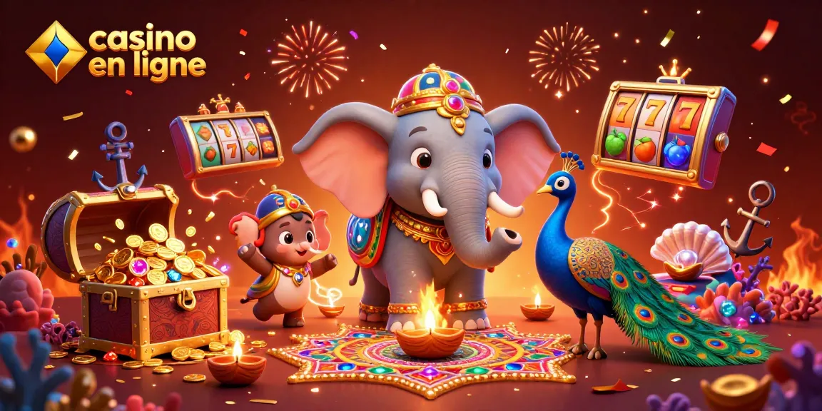 Gagnez avec le casino en ligne : Découvrez une scène festive avec un éléphant et un paon.