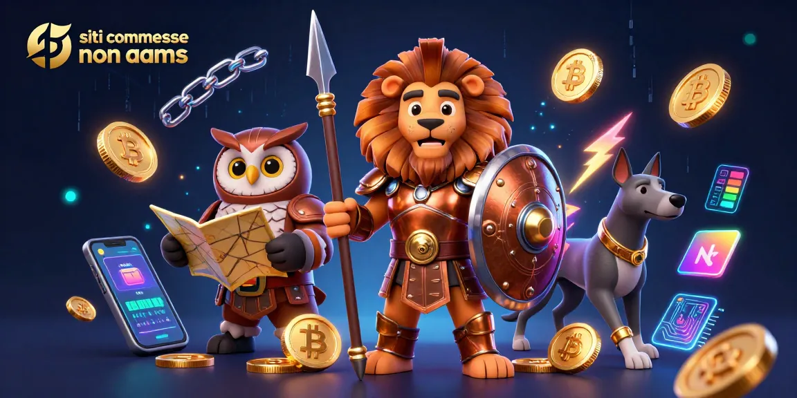 Siti di scommesse non AAMS: illustrazione 3D di un leone spartano, gufo stratega e segugio, circondati da elementi crypto e casinò