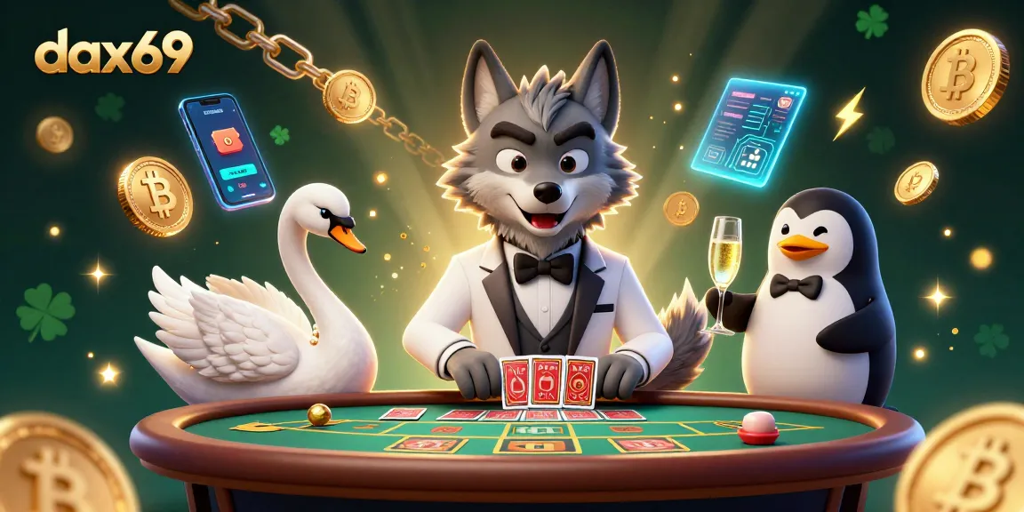 Dapatkan pengalaman bermain di dax69 dengan ilustrasi karakter kartun di meja baccarat bersama koin Bitcoin dan Ethereum.