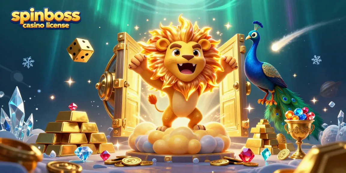 Illustration 3D représentant la licence spinboss casino avec un lion ensoleillé et des éléments de casino