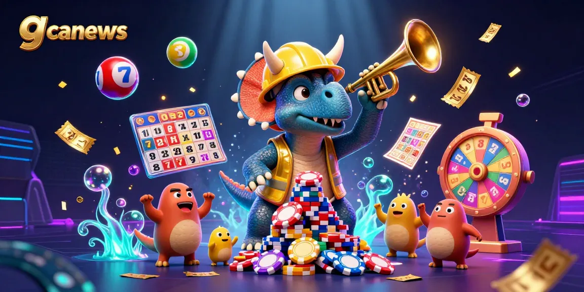 Join the thrill of gaming with gcanews as cartoon dinosaurs build a poker chip pyramid amidst vibrant casino elements.