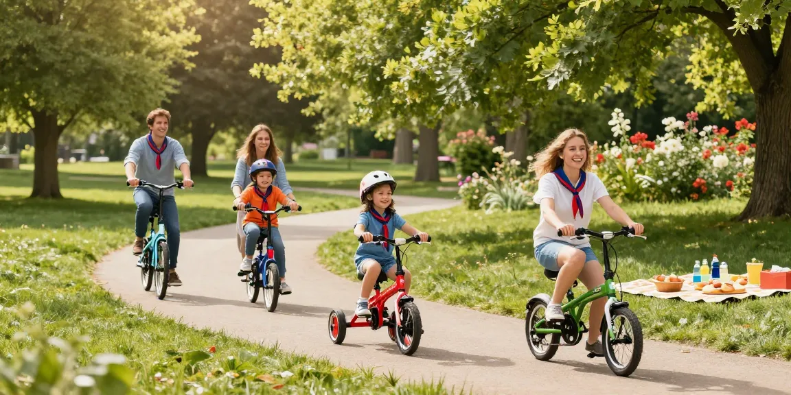 Family joyfully riding various tricycles in a sunny park