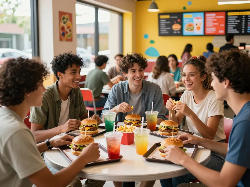 Friends enjoying a diverse fast food menu at a lively restaurant, showcasing delicious burgers and fries.
