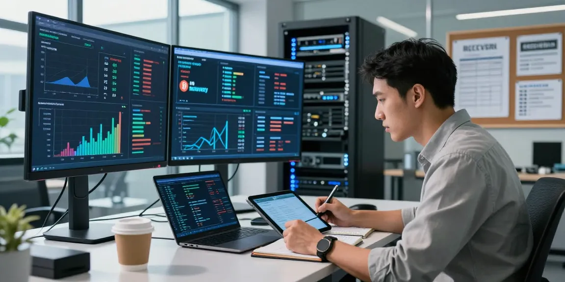 Expert analyzing data to recover stolen cryptocurrency in a modern office.