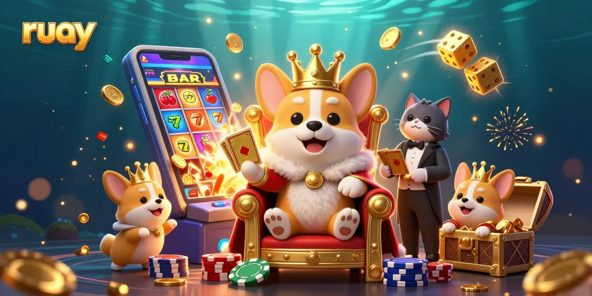เข้าร่วมการเล่นเกมที่น่าตื่นเต้นกับ ruay โดยมีคอร์กี้ราชวงศ์นั่งบนบัลลังก์ของชิปและล้อมรอบด้วยองค์ประกอบแจ็คพอต