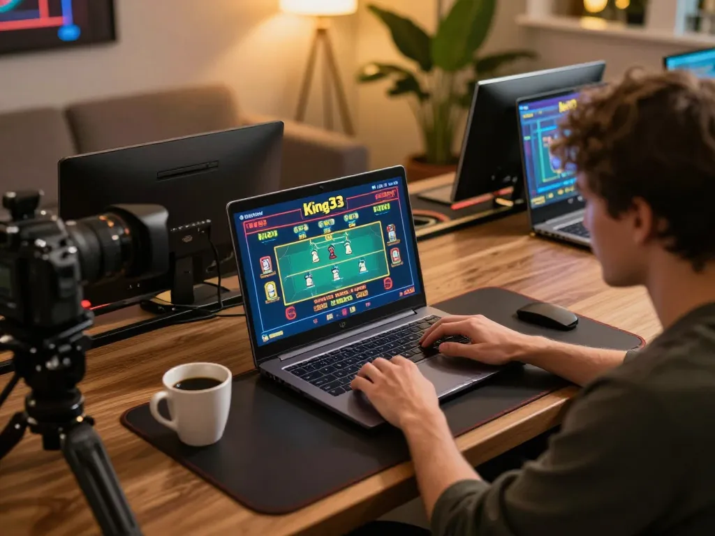 Engaging in king33 online gambling at home with laptop, showcasing live dealer excitement.