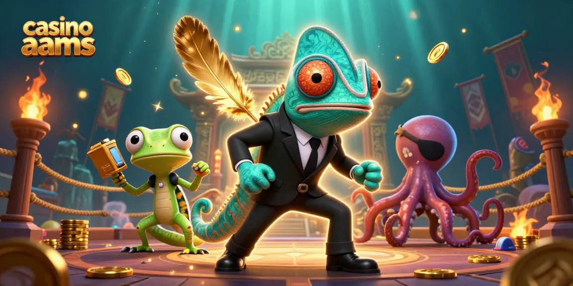 Scopri i vantaggi dei casino non AAMS con un'illustrazione di un camaleonte segreto e un gecko tecnologico.
