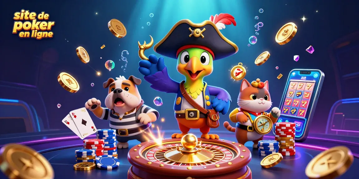 Jouez sur un site de poker en ligne avec des personnages animés, des jetons et des cartes de poker.