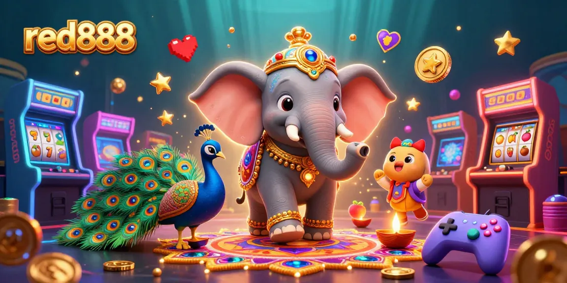 Engage with the vibrant red888 casino scene featuring a Diwali elephant, peacock, and festive gambling elements.