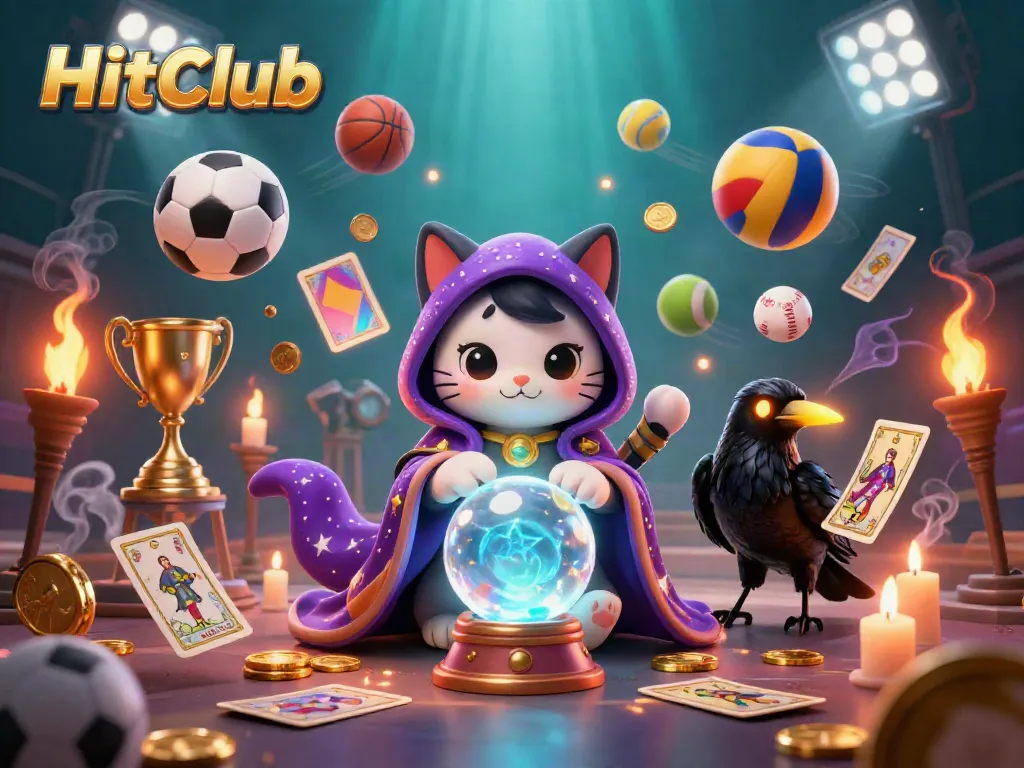 Experience gaming magic with HitClub, featuring a fortune teller cat and enchanting sports elements.
