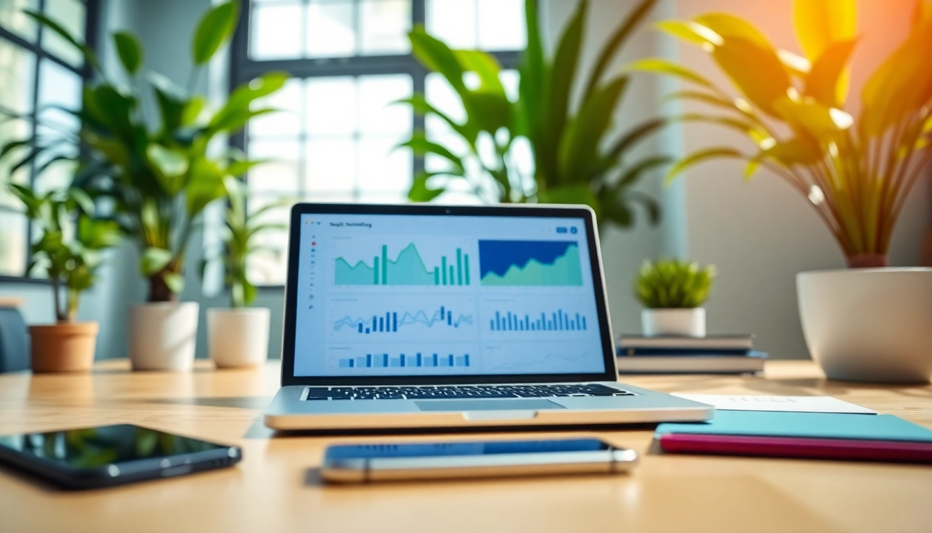https://alvionz.de/ zeigt ein modernes Arbeitsumfeld mit einem Laptop, der Analysen anzeigt.