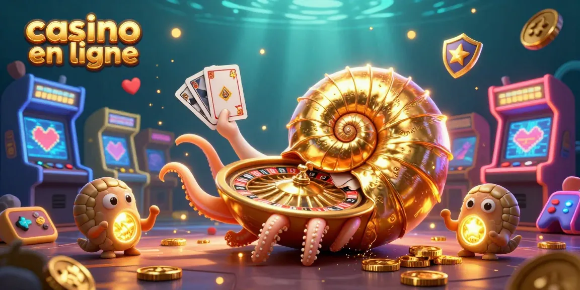 Jouez au casino en ligne avec une illustration 3D captivante d'un nautilus géant et des éléments de casino animés.