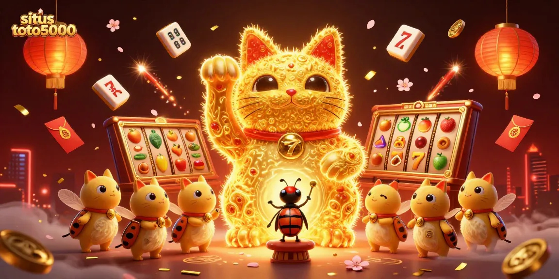 Experience the vibrant world of situs toto5000 as a lucky cat dances among bright slot reels and festive symbols.