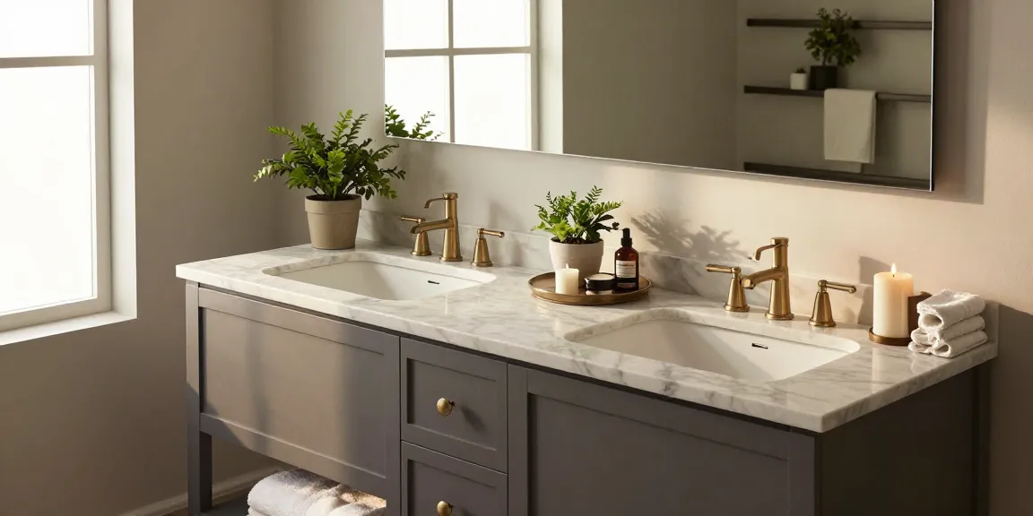 Modern bathroom vanity with marble countertop and elegant fixtures, creating an inviting and stylish atmosphere.