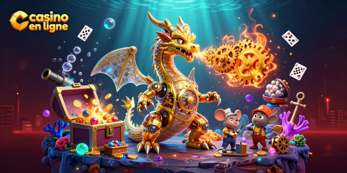 Animations captivantes de casino en ligne avec un dragon mécanique et des trésors sous-marins.