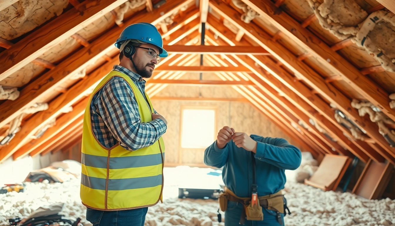 Loft insulation removal specialist demonstrating safe insulation removal techniques in a well-lit attic.