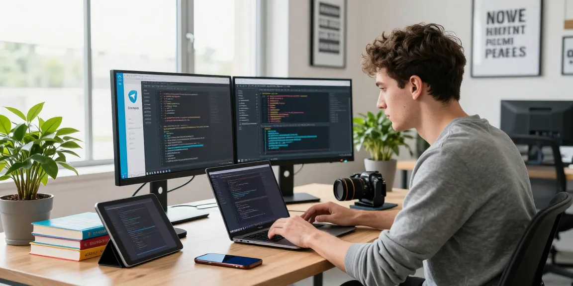 Developer using Telegram Download on a modern tech workspace with dual monitors.