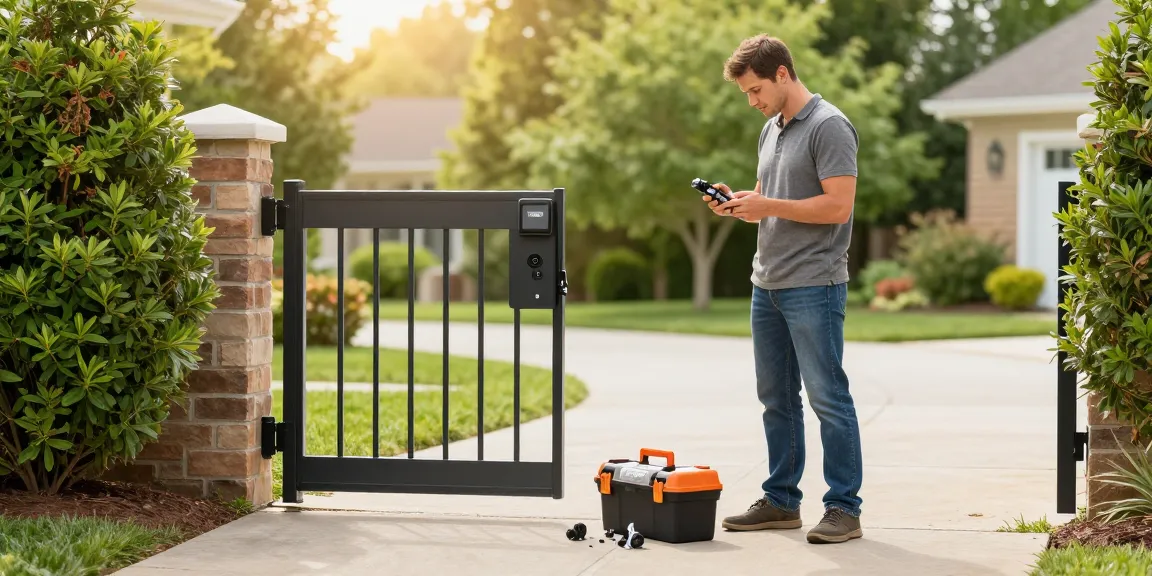 Mighty Mule gate opener troubleshooting with homeowner examining remote control and gate components in a landscaped yard.