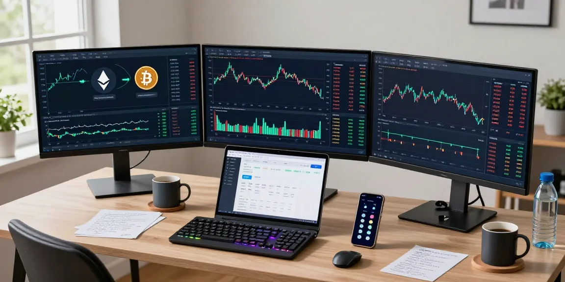 ifps cryptocurrency trading setup with multiple monitors and charts, showcasing Bitcoin and Ethereum analysis in a secure environment.