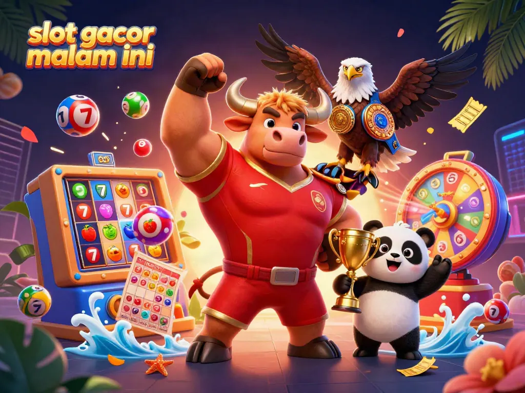 Slot gacor malam ini: animasi menyenangkan dengan simbol slot, karakter kartun, dan elemen permainan kasino.