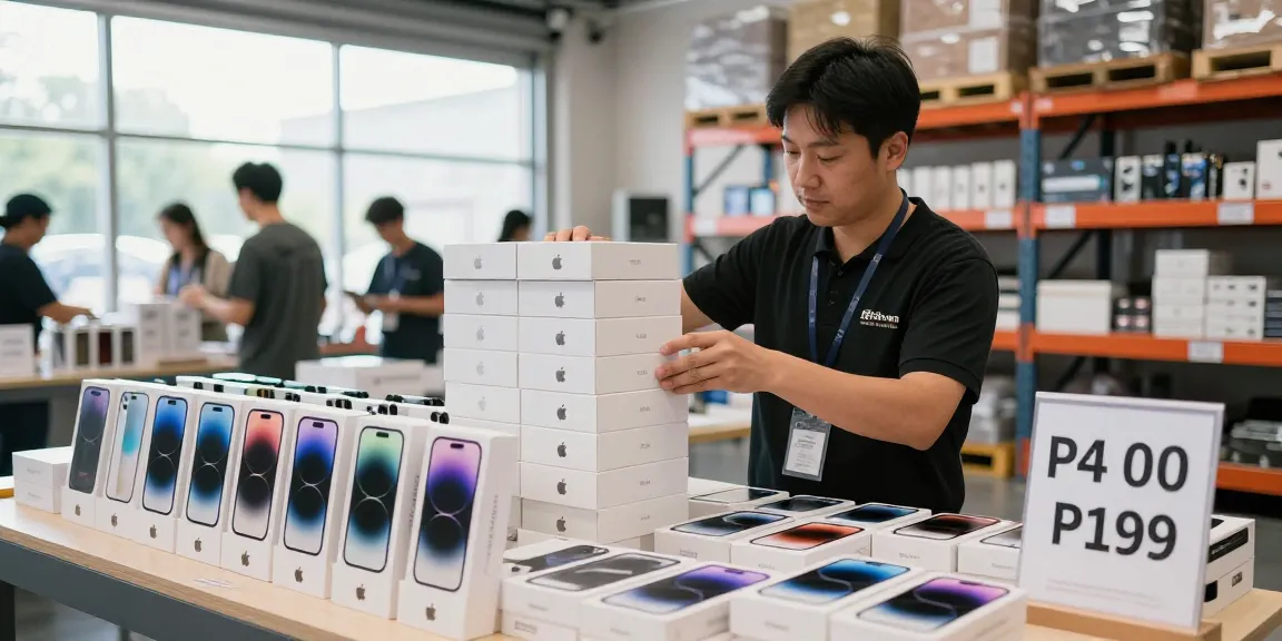 Liquidation iPhone Pallets for Sale – 20 Units (High Resale Value) in a bustling warehouse environment, showcasing various iPhone models ready for resale.