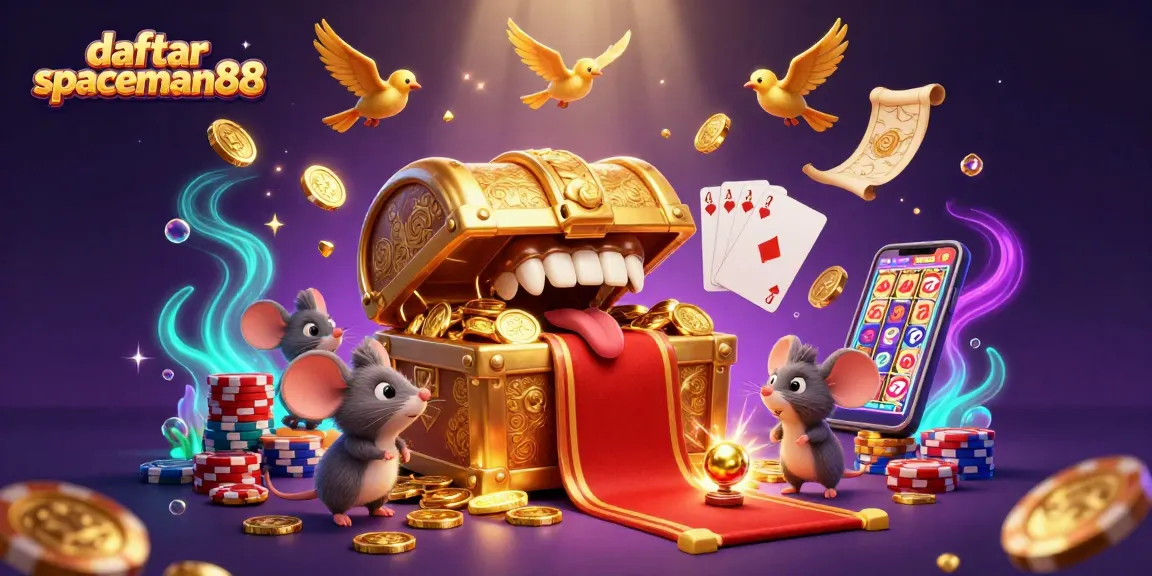 Experience daftar spaceman88 with an engaging scene of treasure, coins, and vibrant casino symbols.