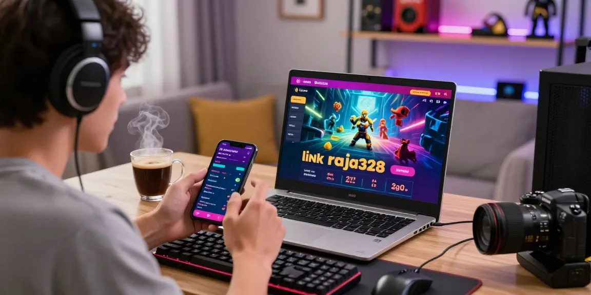 Engaging online betting setup featuring link raja328, vibrant game graphics, and gaming accessories in a cozy atmosphere.