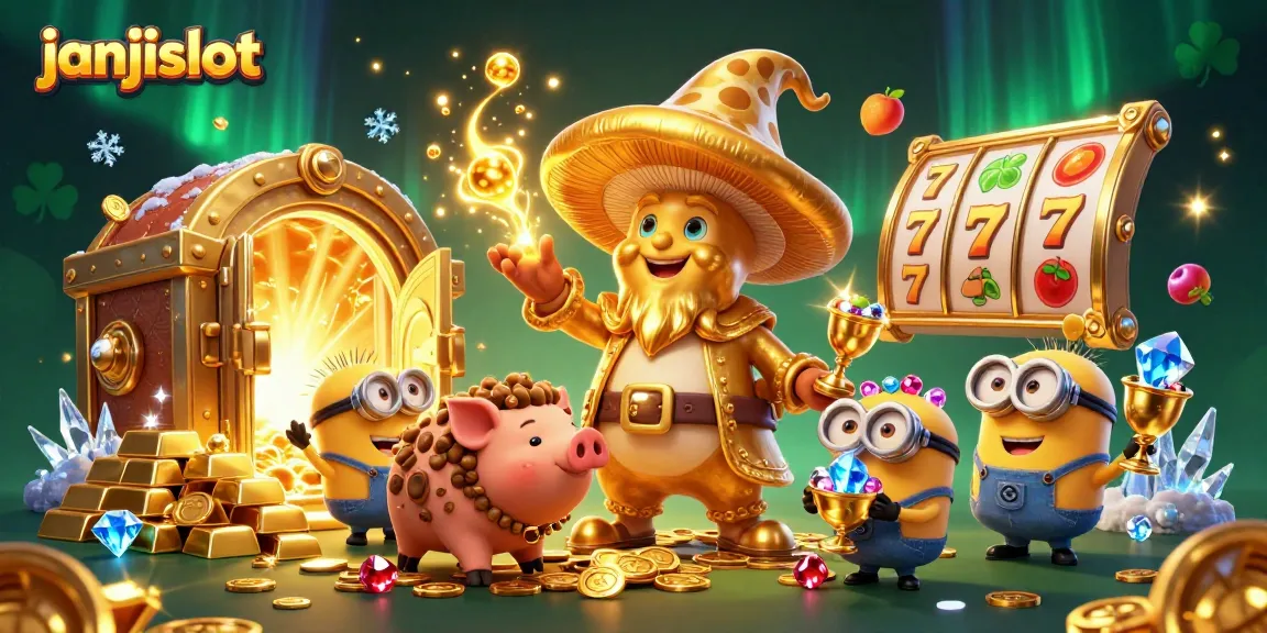 Experience the thrill of janjislot with a golden mushroom wizard casting treasure spells and loads of slot game elements.
