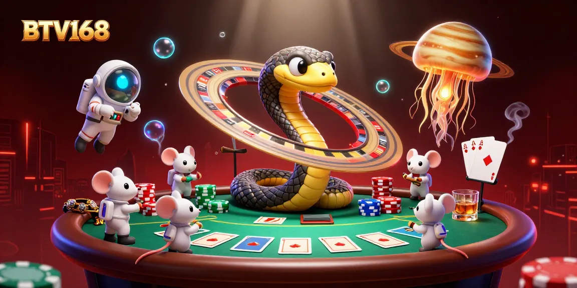 BTV168 casino scene featuring astronaut mice placing bets, Saturn snake, and colorful poker elements.