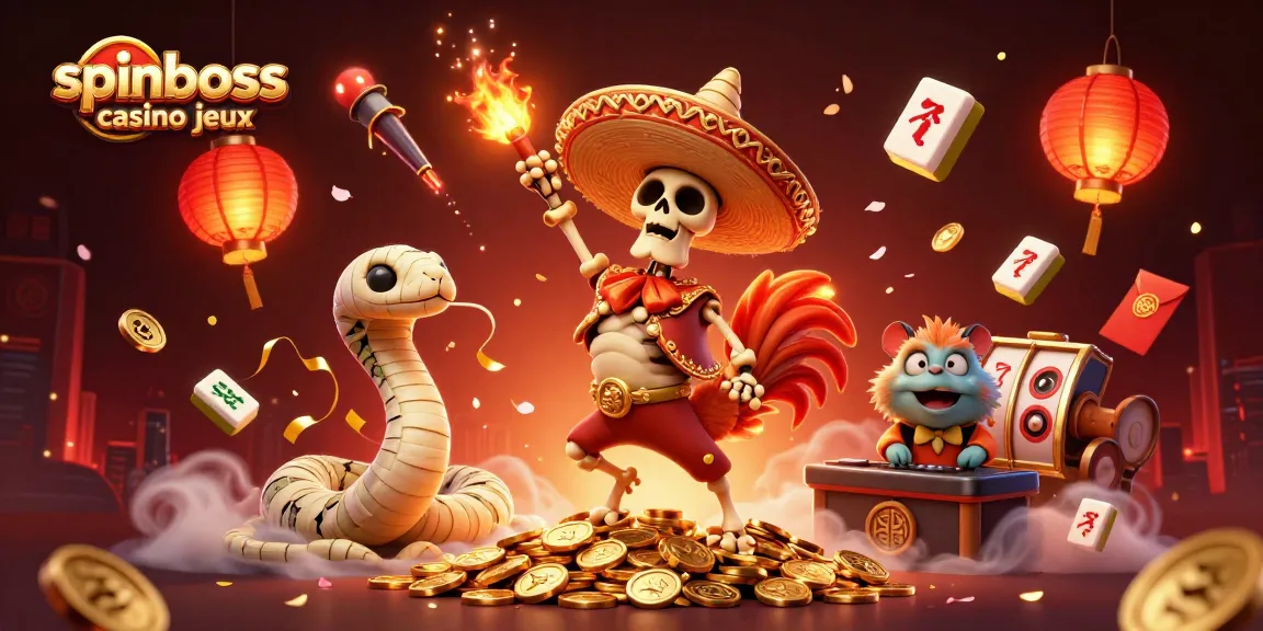 Équipez-vous pour jouer avec SpinBoss Casino : joyaux de jeux variés et bonheur sur une pile de pièces d'or.