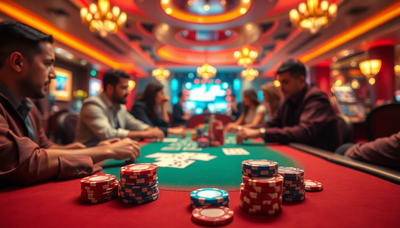 Menampilkan kasino duniabet dengan pemain poker yang bersemangat dan suasana yang hidup.