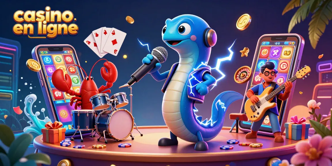 Illustration dynamique d'un casino en ligne avec une anguille DJ et des éléments de jeux. Pariez et gagnez!